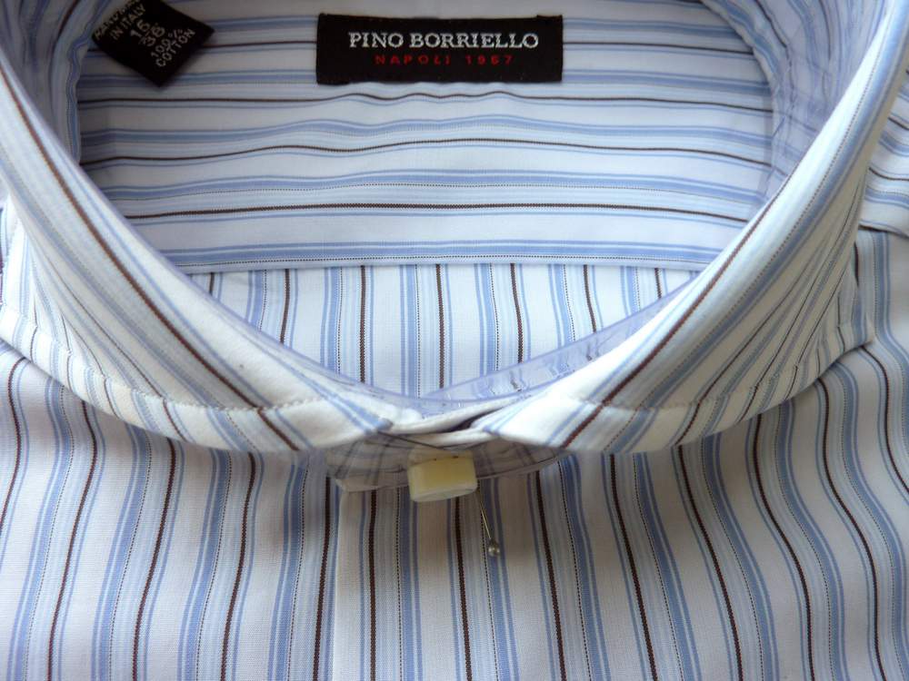 Pino Borriello Shirt 16 White with light blue black stripes wide spread collar pure cotton