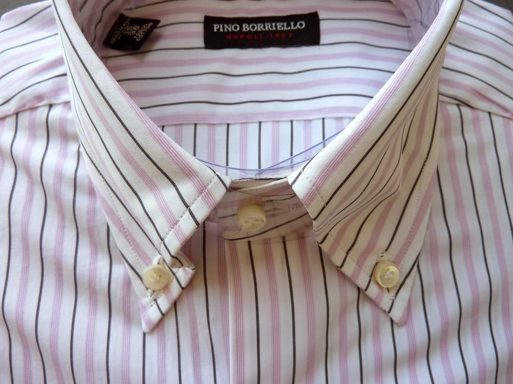 Pino Borriello Shirt 16.5 White with light pink black stripes button down collar pure cotton