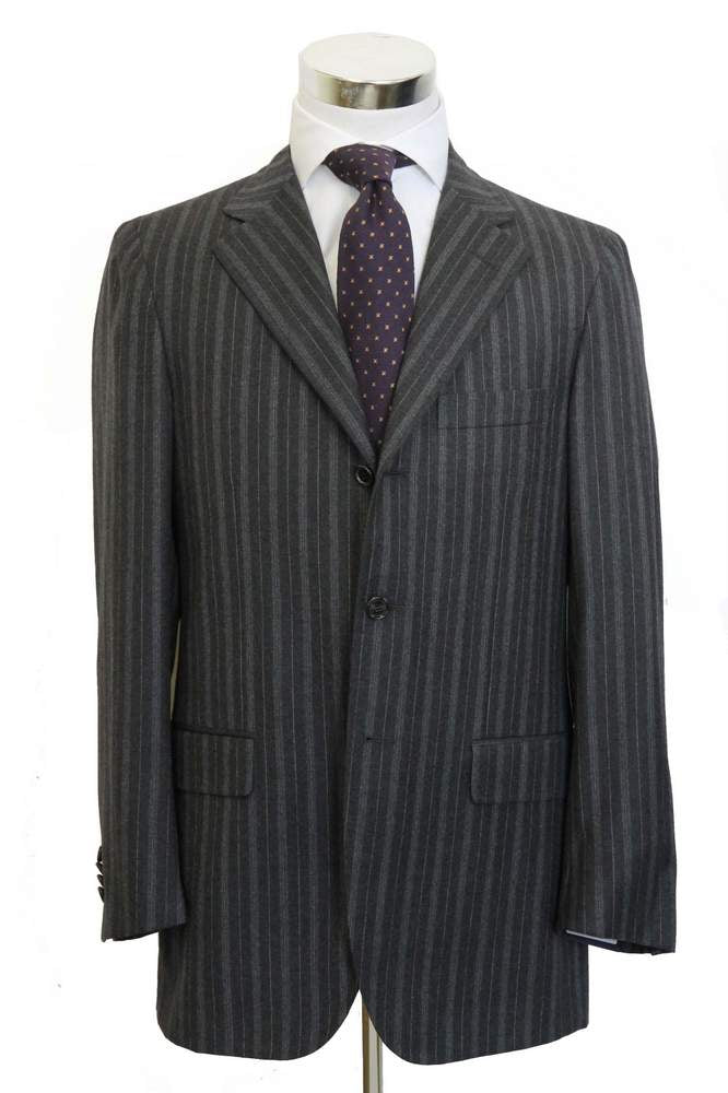 Caruso/MaCo Suit: 39R/40R, Charcoal grey with tan/grey stripes, 3-button,  120's wool flannel