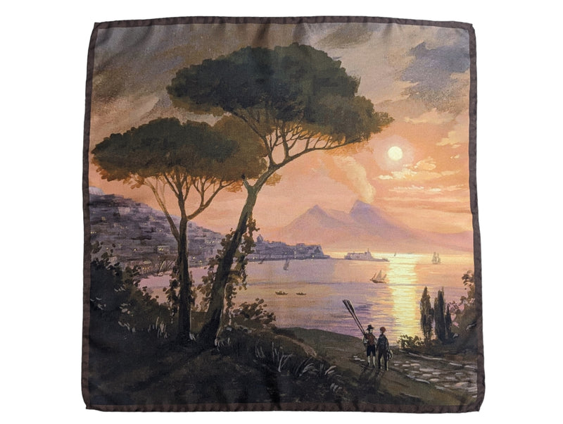 Battisti Pocket Square / Bandana Vintage Napoli Sunset Fine Art Painting Pure Silk