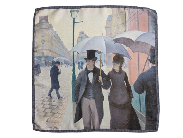 Battisti Pocket Square / Bandana Caillebotte Rainy day in Paris Art Painting Pure Silk