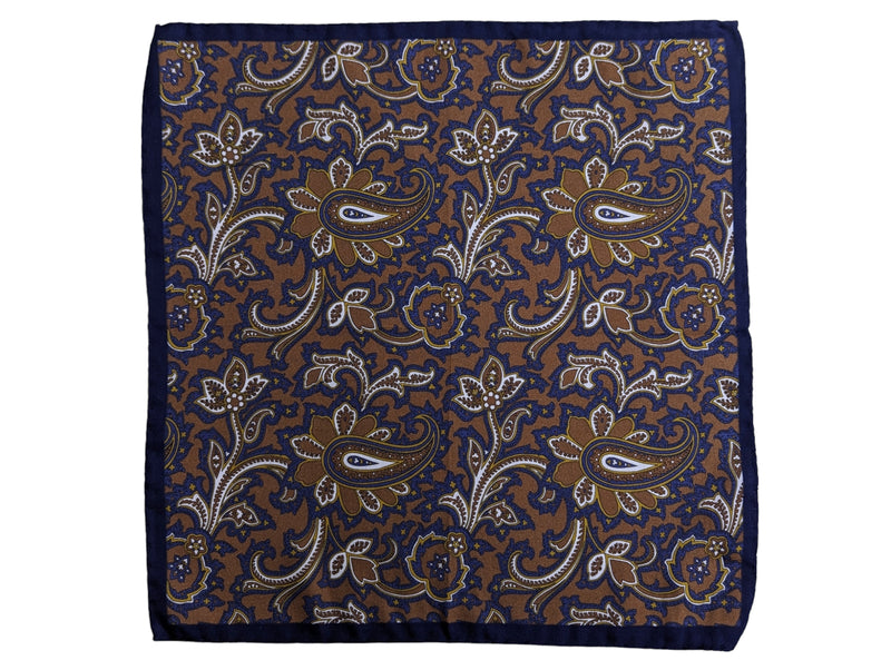 Battisti Pocket Square Brown with Navy/White Paisley Cotton/Silk