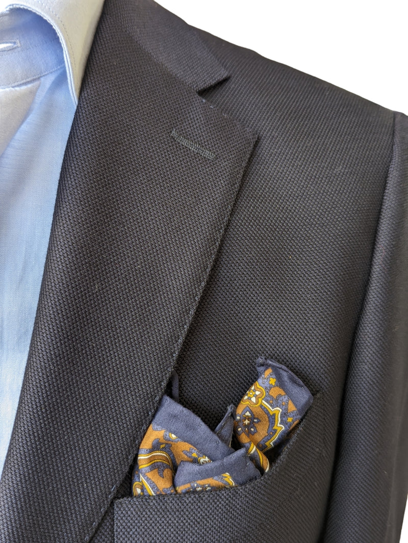 Battisti Pocket Square Brown with Navy/White Paisley Cotton/Silk