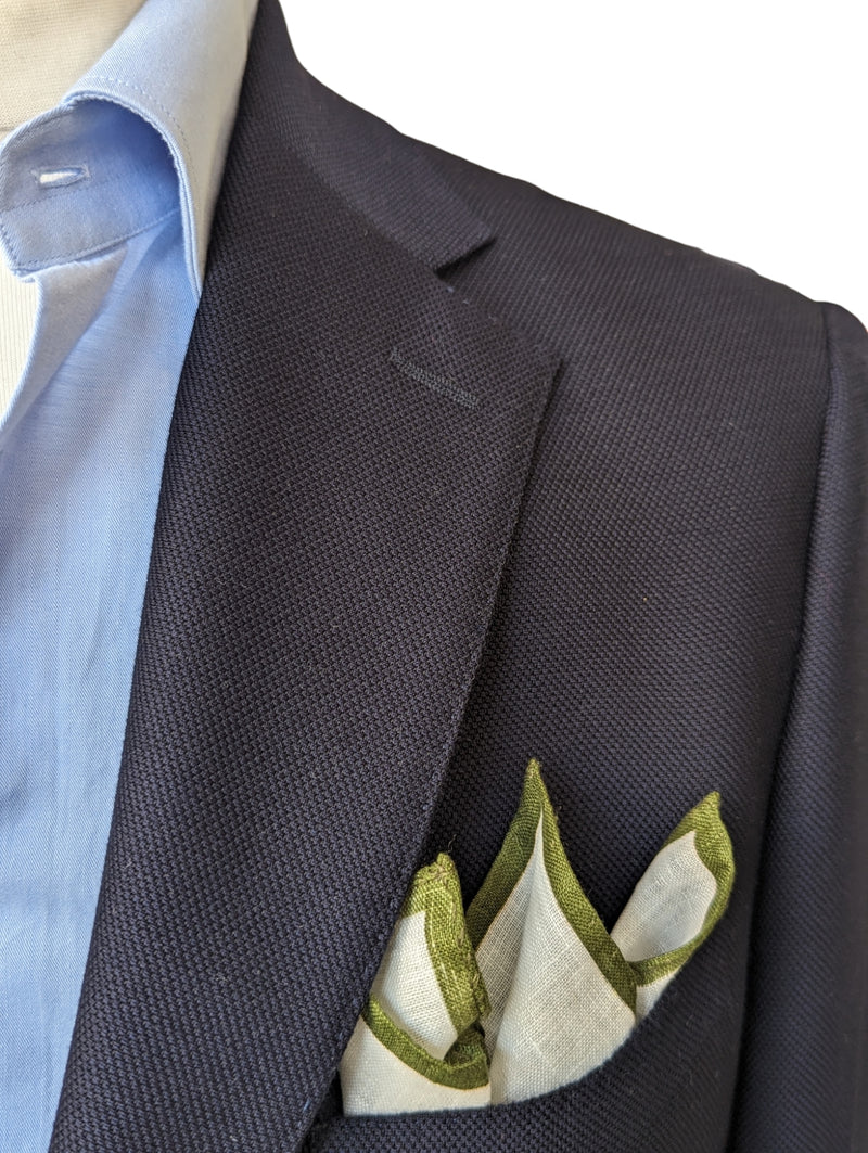 Battisti Pocket Square White with Olive Green Trim Pure linen