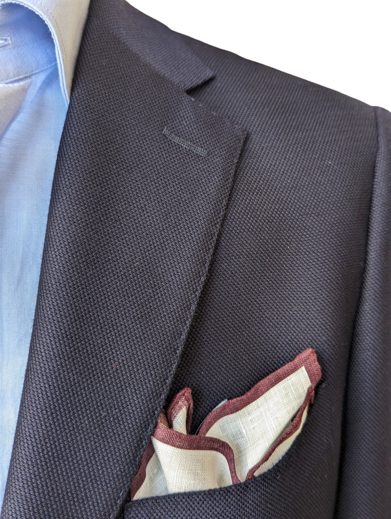 Battisti Pocket Square White with Burgundy Trim Pure linen