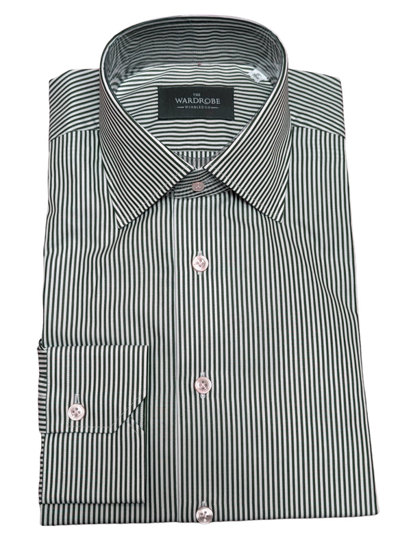 The Wardrobe Dress Shirt Green/White Striped Thomas Mason cotton