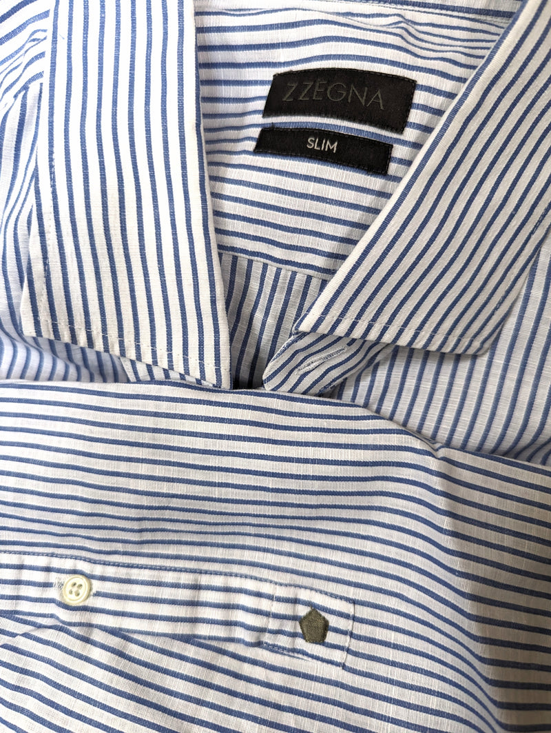 Zegna Shirt L Blue/White Striped Cotton/Linen