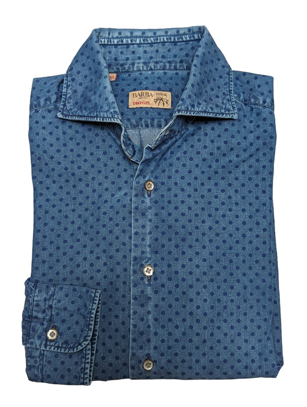 Barba Dandylife Shirt 15.75 Denim Blue Polka-dot Cotton