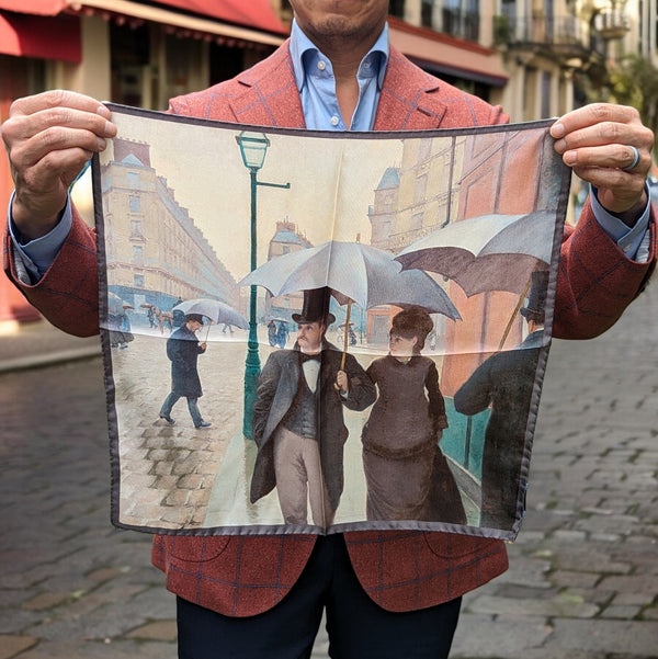 Battisti Pocket Square / Bandana Caillebotte Rainy day in Paris Art Painting Pure Silk