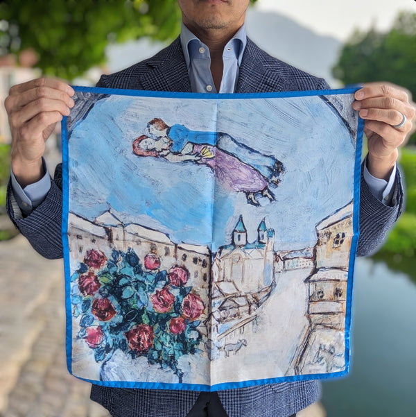 Battisti Pocket Square / Bandana Chagall Lovers in the Sky Fine Art Painting Pure Silk
