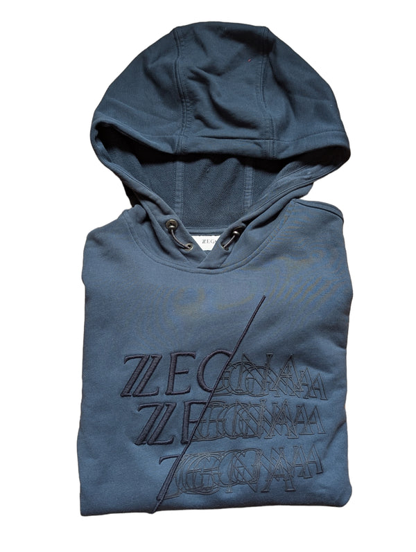 Zegna S/M Dark Teal Blue Logo Embroidered Hooded Sweatshirt