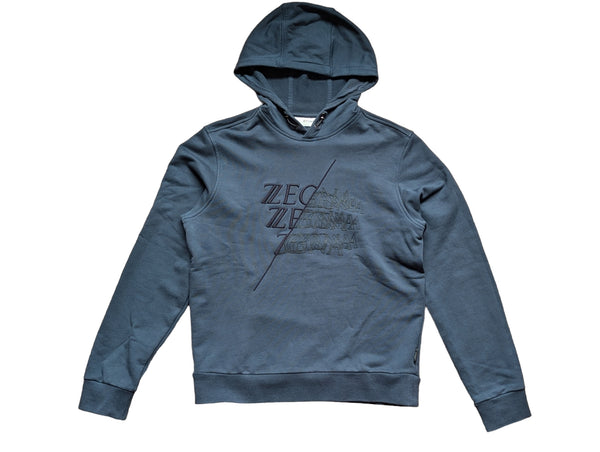 Zegna S/M Dark Teal Blue Logo Embroidered Hooded Sweatshirt