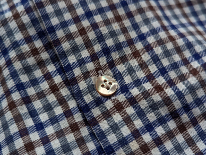 Mazzarelli Shirt L Navy/Brown Check Brushed Cotton