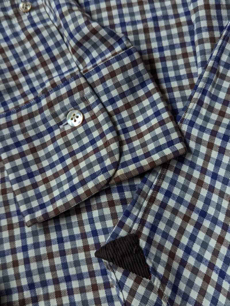 Mazzarelli Shirt L Navy/Brown Check Brushed Cotton