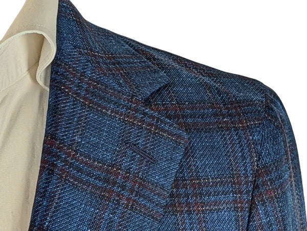 Benjamin Cerruti Sport Coat Blue Jewel Toned Plaid 2-button Soft Shoulder Wool/Silk/Linen