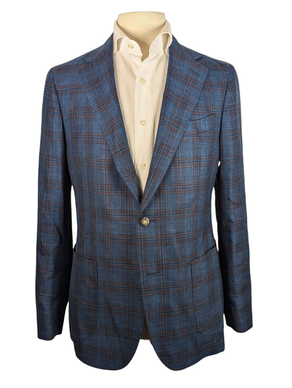 Benjamin Cerruti Sport Coat Blue Jewel Toned Plaid 2-button Soft Shoulder Wool/Silk/Linen