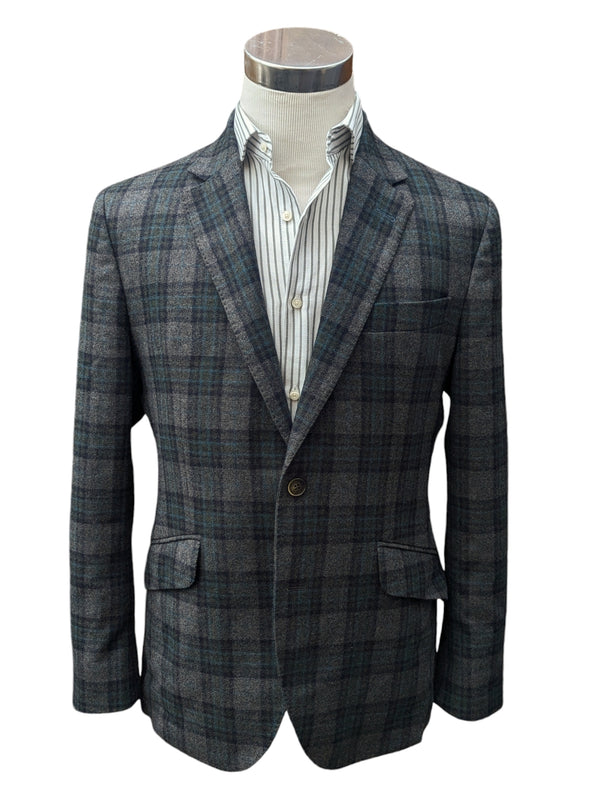 Hackett Loro Piana Sport Coat 40R Grey/Green/Blue Plaid Wool