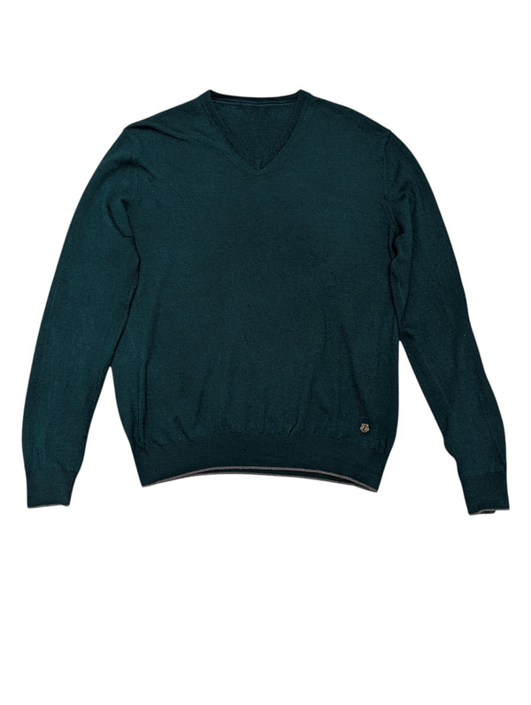 Zegna Sweater S Hunter Green Grey Trim 15 Micron Wool