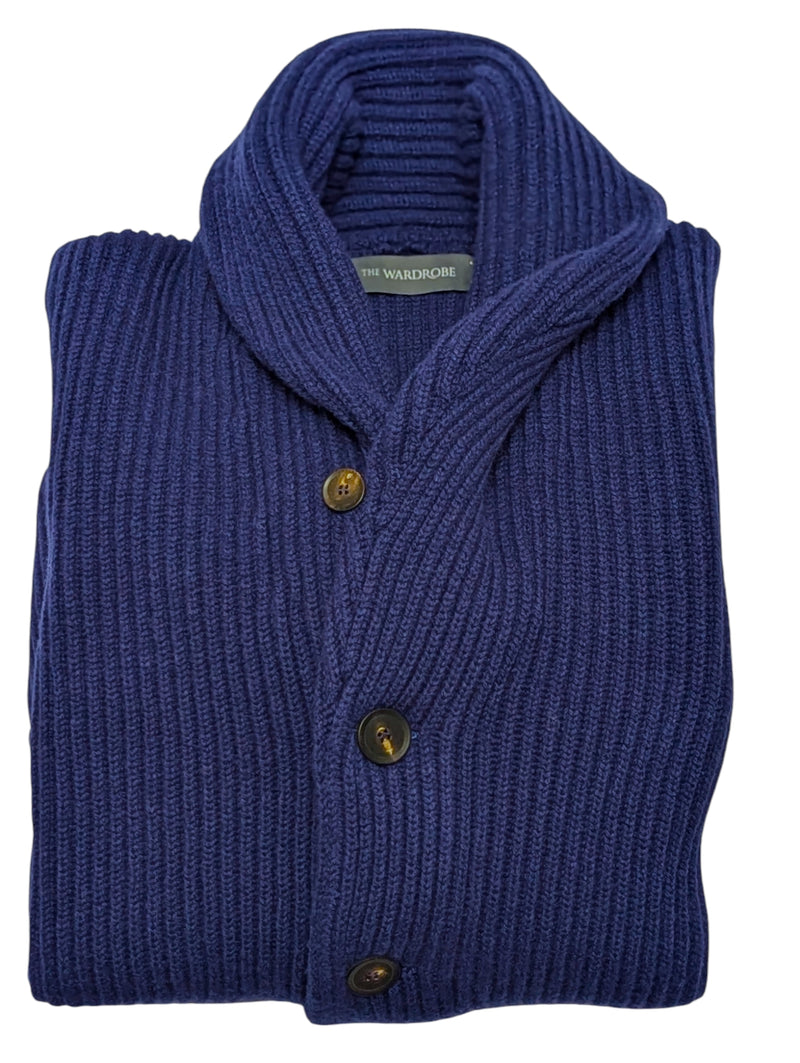 The Wardrobe Sweater Indigo Blue Shawl Collar Cardigan Merino Cashmere