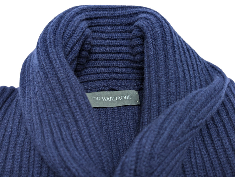 The Wardrobe Sweater Indigo Blue Shawl Collar Cardigan Merino Cashmere