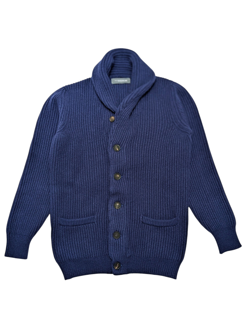 The Wardrobe Sweater Indigo Blue Shawl Collar Cardigan Merino Cashmere