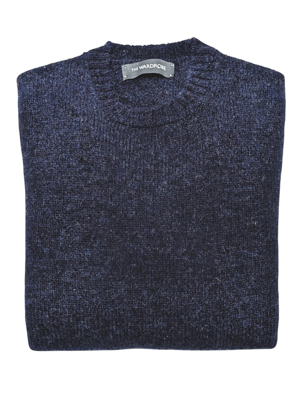 The Wardrobe Sweater Heathered Denim Blue Crew Neck Shetland Wool