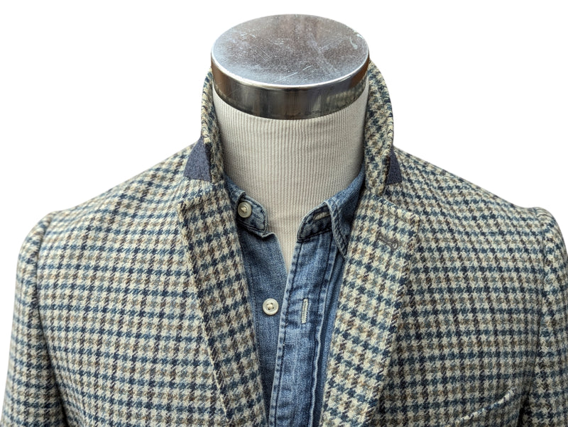 Abraham Moon Coat S/38R Teal Beige Check Wool Tweed