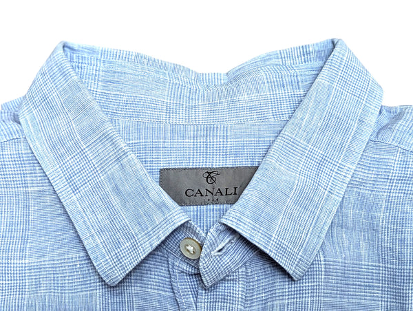 Canali Sport Shirt XXL Blue Plaid Linen